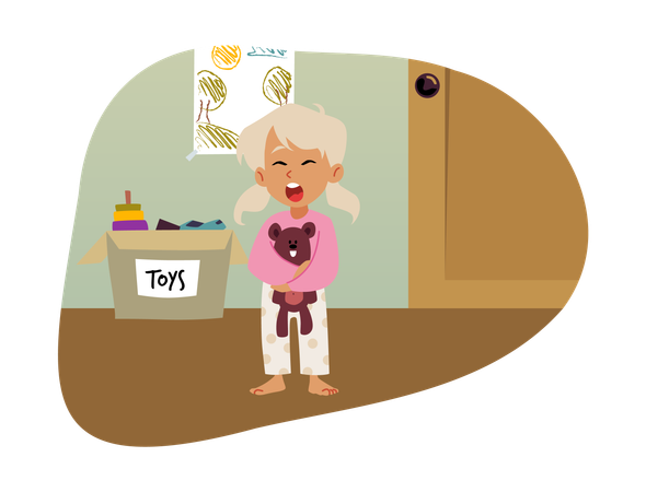 Cute sleepy blond girl wearing pajamas holding teddy bear toy  Illustration