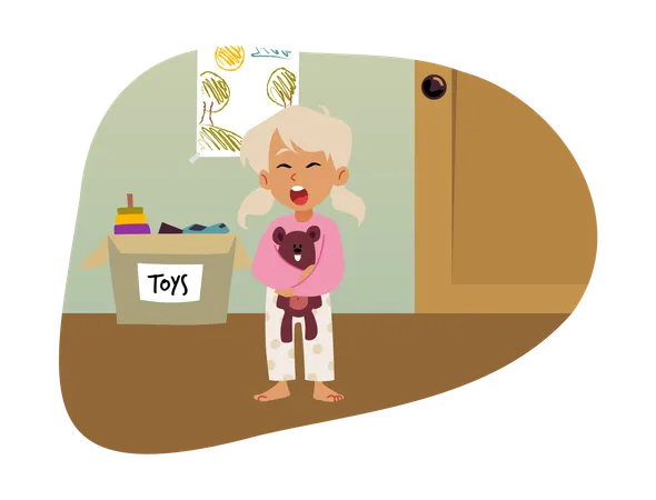 Cute sleepy blond girl wearing pajamas holding teddy bear toy  Illustration
