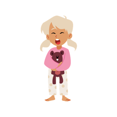 Cute sleepy blond girl wearing pajamas holding teddy bear toy  Illustration