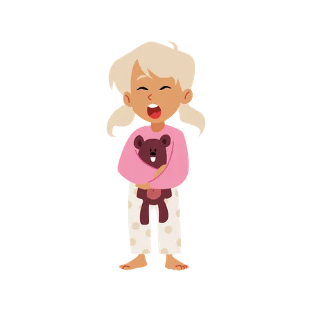 Cute sleepy blond girl wearing pajamas holding teddy bear toy  Illustration