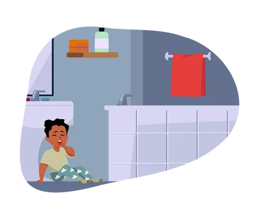 パジャマを着てバスルームの床に座っているかわいい眠そうな男の子  イラスト