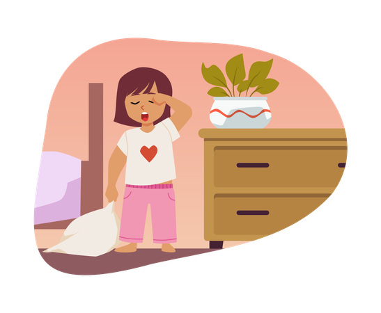 Cute sleepy girl holds a pillow in her room  Illustration