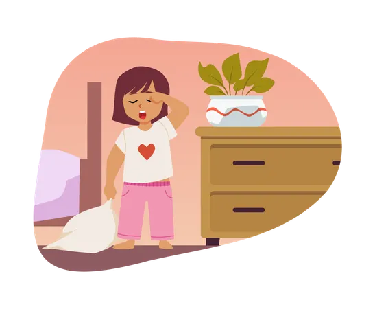 Cute sleepy girl holds a pillow in her room  Illustration