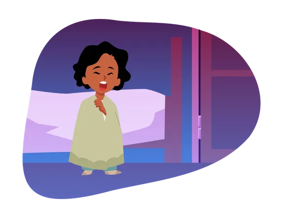 パジャマを着て寝室に立ってあくびをしているかわいい眠そうな女の子  イラスト