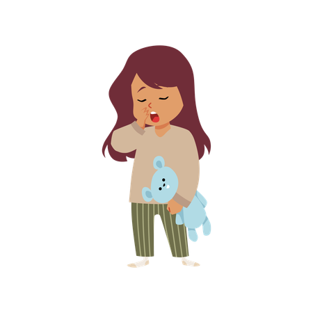 Cute sleepy girl wearing pajamas standing with teddy bear toy  Illustration