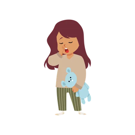 Cute sleepy girl wearing pajamas standing with teddy bear toy  Illustration