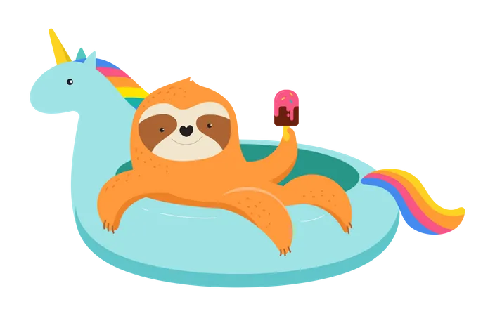 Summer Fun Illustration With Cute Sloth On Unicorn Swimming Pool Float Concept Vector Illustrations Background Template Illustration