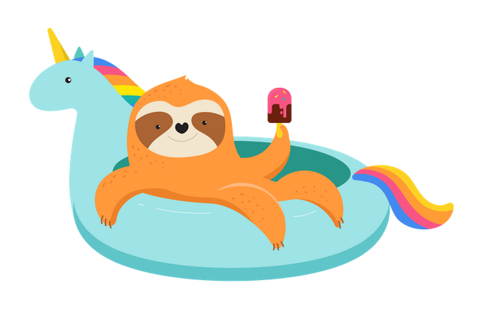 Cute sloth on unicorn swimming pool float  Illustration