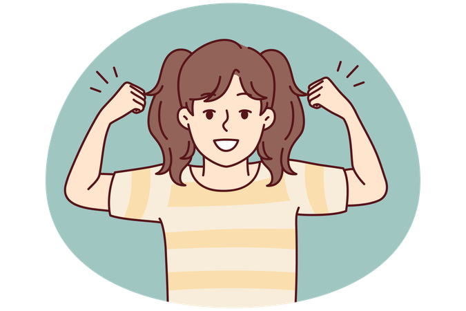 かわいい小さな女の子が力強く強い筋肉を見せています  イラスト