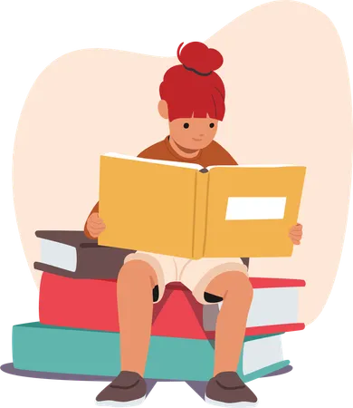 Cute smart girl kid reading sitting on stack of huge books enjoying hobby  Illustration