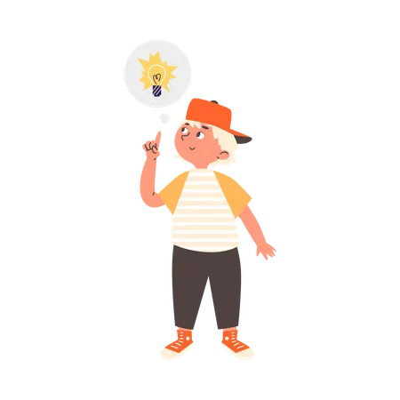 Cute smiling kid boy having idea and points finger up to bulb  Illustration