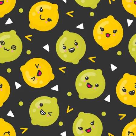 Cute smiling lemon and lime fruits, vector seamless pattern on dark background Illustration