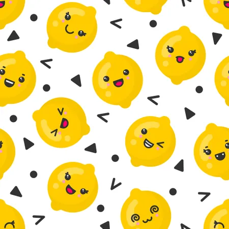 Cute smiling lemon fruits, vector seamless pattern on white background Illustration
