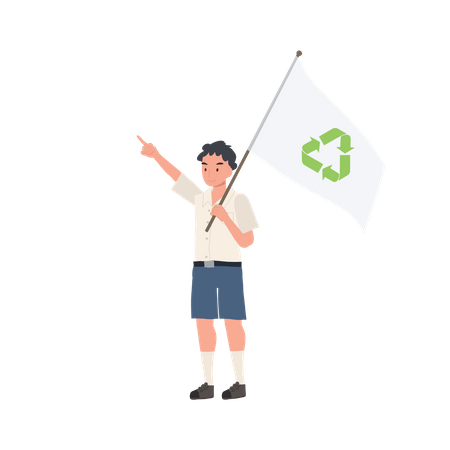 Cute Smiling Thai student Boy Holding Flag with recycle symbol  Illustration