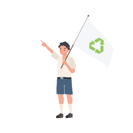 Cute Smiling Thai Student Boy Holding Flag With Recycle Symbol Ecology Protection Concept Cartoon Vector Illustration Illustration