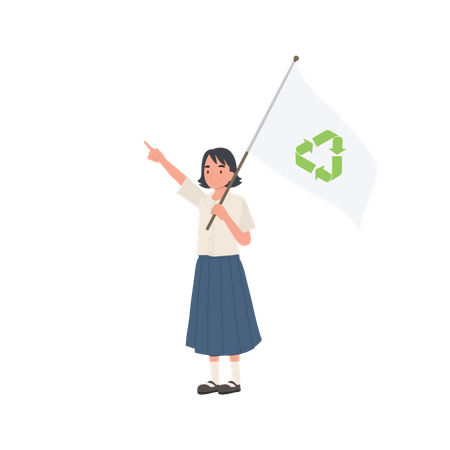 Cute Smiling Thai student girl Holding Flag with recycle symbol  Illustration