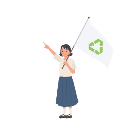 Cute Smiling Thai student girl Holding Flag with recycle symbol  Illustration