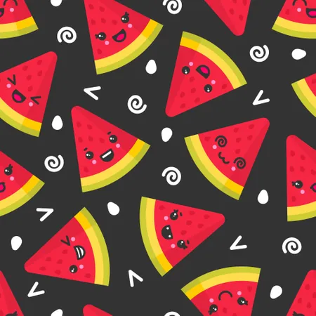 Cute smiling watermelon, vector seamless pattern on dark background  Illustration