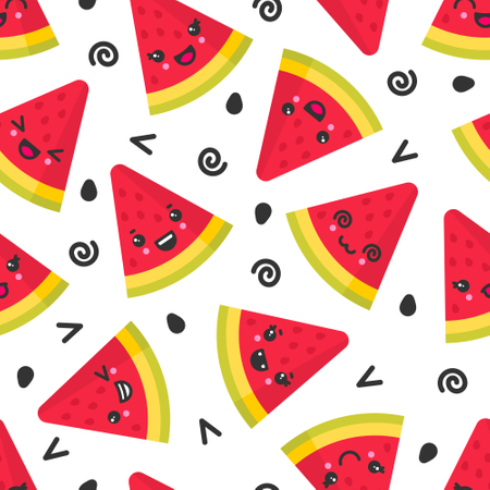 Cute smiling watermelon, vector seamless pattern on white background  Illustration