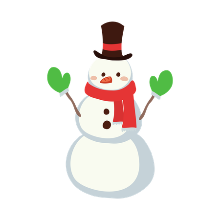 Cute Snowman in Winter Outfit wearing green gloves  Illustration