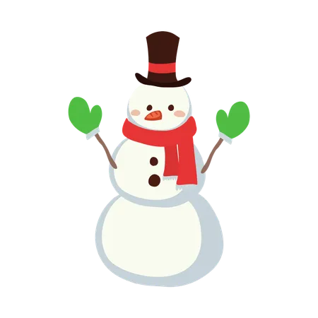 Cute Snowman in Winter Outfit wearing green gloves  Illustration