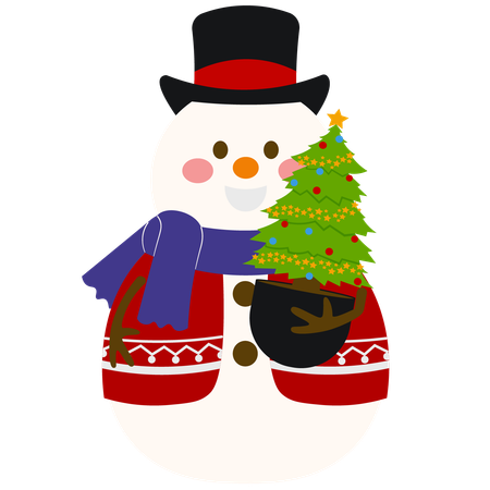 Cute Snowman With Christmas Pine Tree  Illustration
