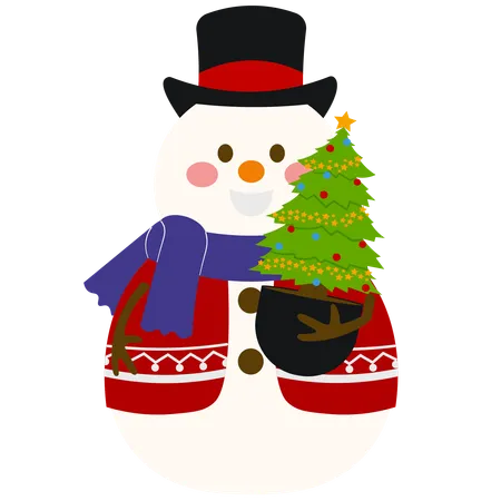 Cute Snowman With Christmas Pine Tree  Illustration