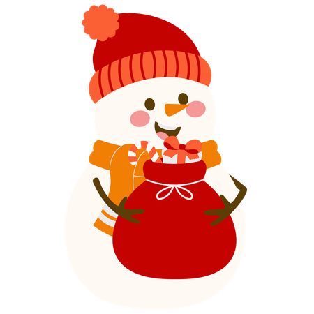 Cute Snowman With Gift Bag In Winter  Illustration