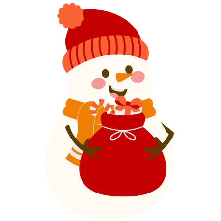 Cute Snowman With Gift Bag In Winter  Illustration