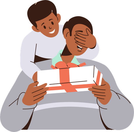 Cute son making surprise for loving father giving festive wrapped gift box Illustration