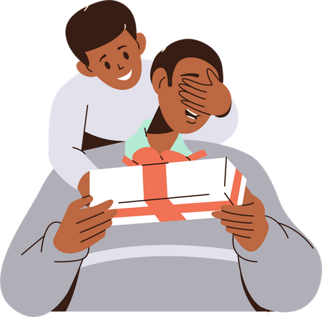 Cute son making surprise for loving father giving festive wrapped gift box  Illustration