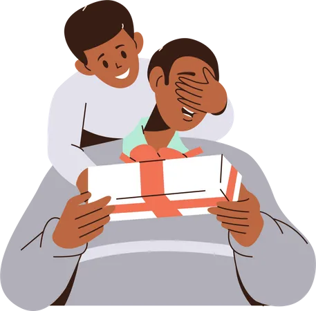 Cute son making surprise for loving father giving festive wrapped gift box  Illustration