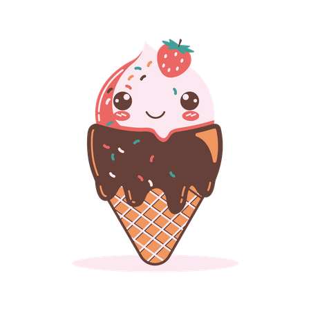 Cute Strawberry Cone Ice Cream  Illustration