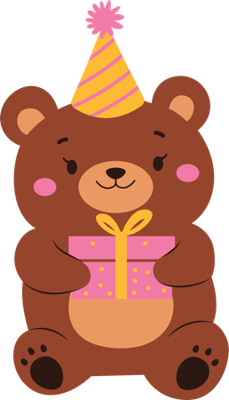 Cute Teddy Bear Doll Toy Character Celebrate Happy Birthday with Gift Box  Illustration