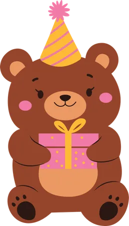 Cute Teddy Bear Doll Toy Character Celebrate Happy Birthday with Gift Box  Illustration