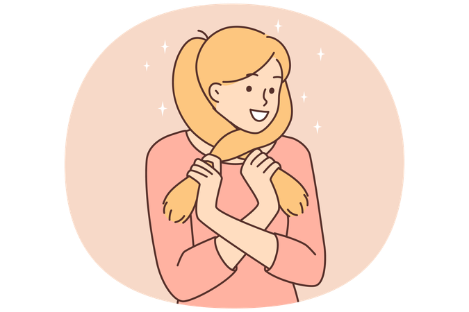 Cute teenager girl wrapping hair around face smiles and dreams about guy she likes  Illustration