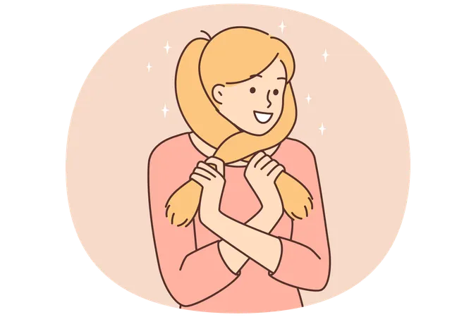 Cute teenager girl wrapping hair around face smiles and dreams about guy she likes  Illustration