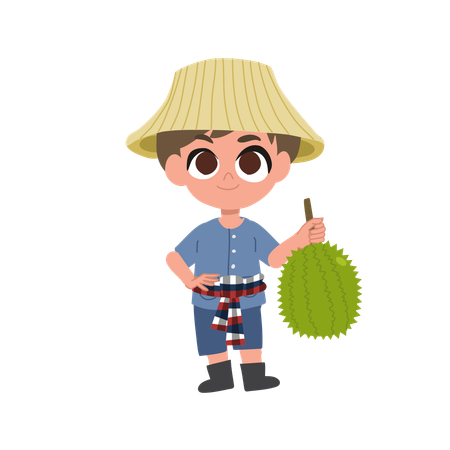 Cute Thai Farmer With Durian Tropical Fruit  Illustration