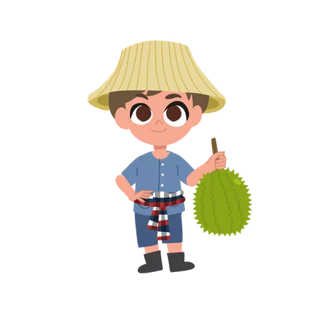 Cute Thai Farmer With Durian Tropical Fruit  Illustration