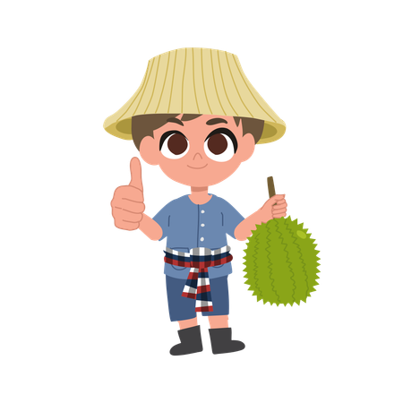 Cute Thai Farmer With Durian Tropical Fruit  Illustration