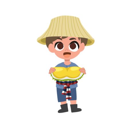 Cute Thai Farmer With Durian Tropical Fruit  Illustration