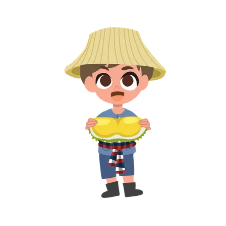 Cute Thai Farmer With Durian Tropical Fruit  Illustration