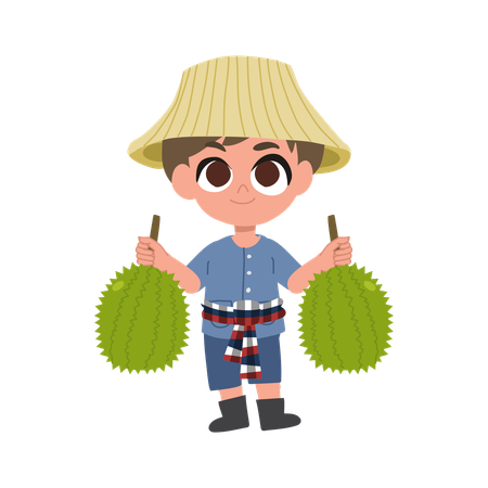 Cute Thai Farmer With Durian Tropical Fruit  Illustration