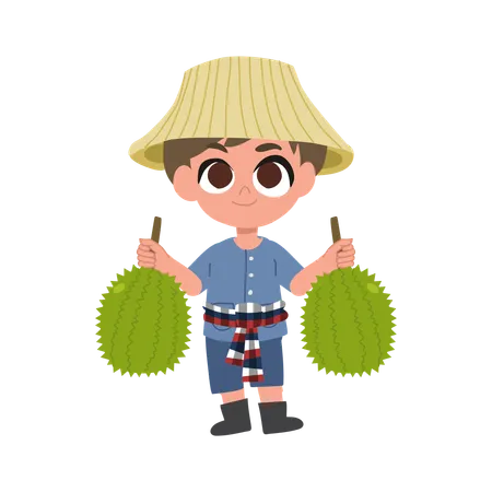 Cute Thai Farmer With Durian Tropical Fruit  Illustration