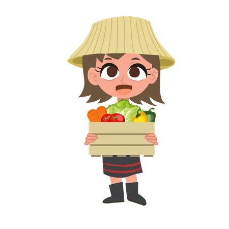 Cute thai female farmer carrying organic vegetable crate farm fresh produce  Illustration