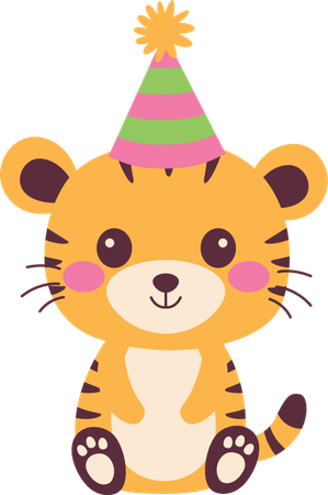 誕生日の帽子をかぶったかわいいトラ  イラスト