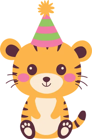 誕生日の帽子をかぶったかわいいトラ  イラスト