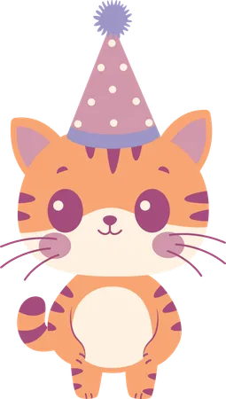 誕生日の帽子をかぶったかわいいトラ  イラスト