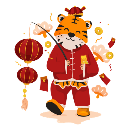 Cute tiger with Chinese lantern Illustration