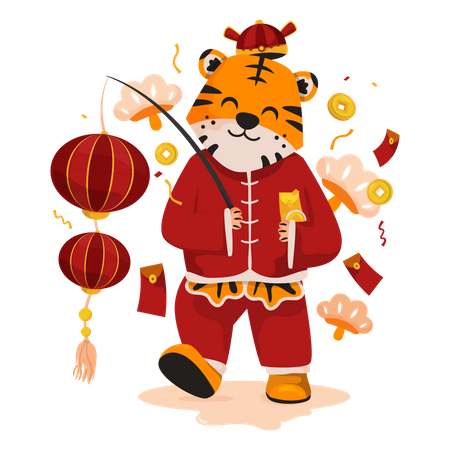 Cute tiger with Chinese lantern  Illustration